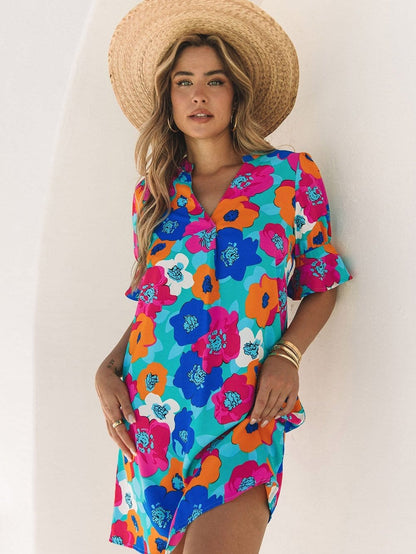 Colorful V-Neck Ruffle Sleeve Flower Patterned Mini Dress