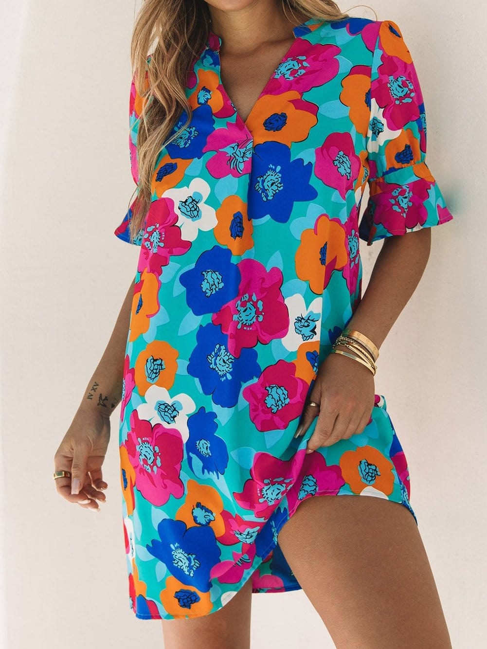Colorful V-Neck Ruffle Sleeve Flower Patterned Mini Dress