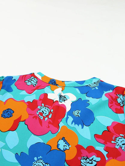 Colorful V-Neck Ruffle Sleeve Flower Patterned Mini Dress