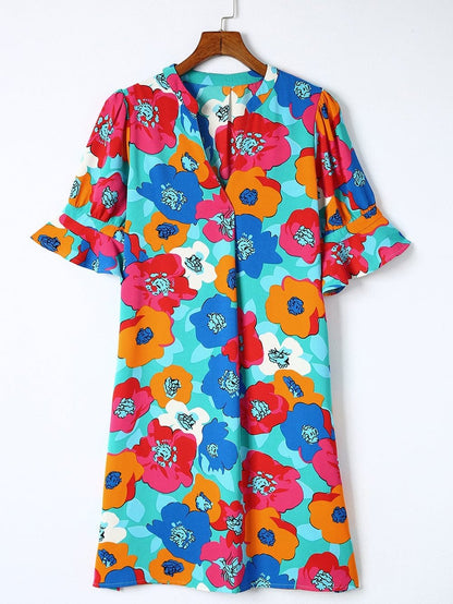 Colorful V-Neck Ruffle Sleeve Flower Patterned Mini Dress