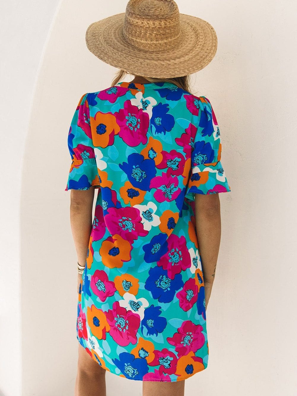 Colorful V-Neck Ruffle Sleeve Flower Patterned Mini Dress