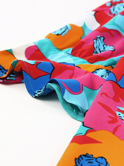 Colorful V-Neck Ruffle Sleeve Flower Patterned Mini Dress