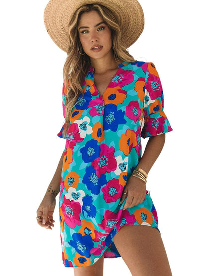 Colorful V-Neck Ruffle Sleeve Flower Patterned Mini Dress