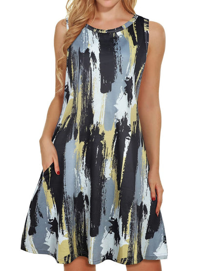 Comfortable Floral Print And Pockets Loose Fit Sleeveless Mini Dress - A-Line - Jewel