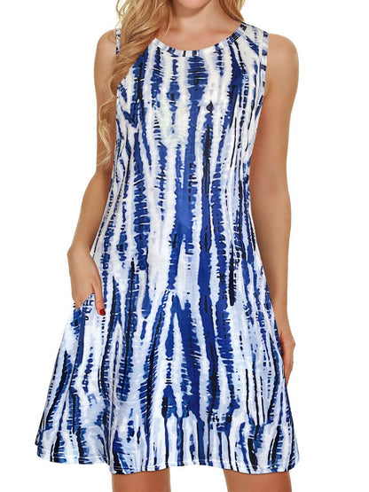 Comfortable Floral Print And Pockets Loose Fit Sleeveless Mini Dress - A-Line - Jewel