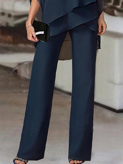 Jumpsuits for Women Summer Dressy Solid Color Round Neck Business Party Office Elegant  Straight Regular Fit Half Sleeve Cold Shoulder Navy Blue S M L - LuckyFash™