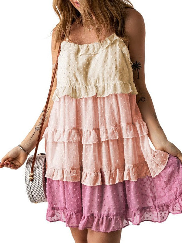 Contrast Color Sleeveless Slip Dress with Tulle Hem and Fungus Edge