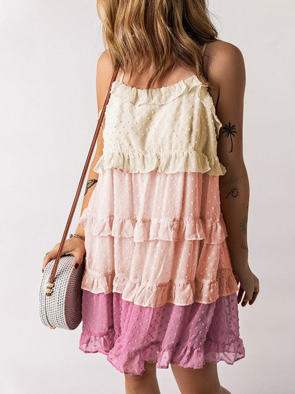 Contrast Color Sleeveless Slip Dress with Tulle Hem and Fungus Edge