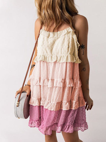 Contrast Color Sleeveless Slip Dress with Tulle Hem and Fungus Edge