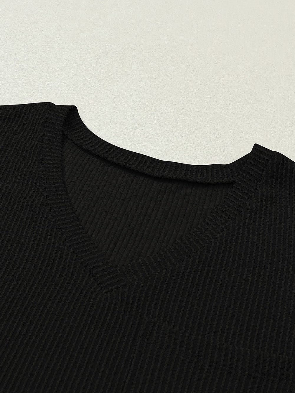 Corded Black V Neck Loose T-shirt with Chest Pocket
