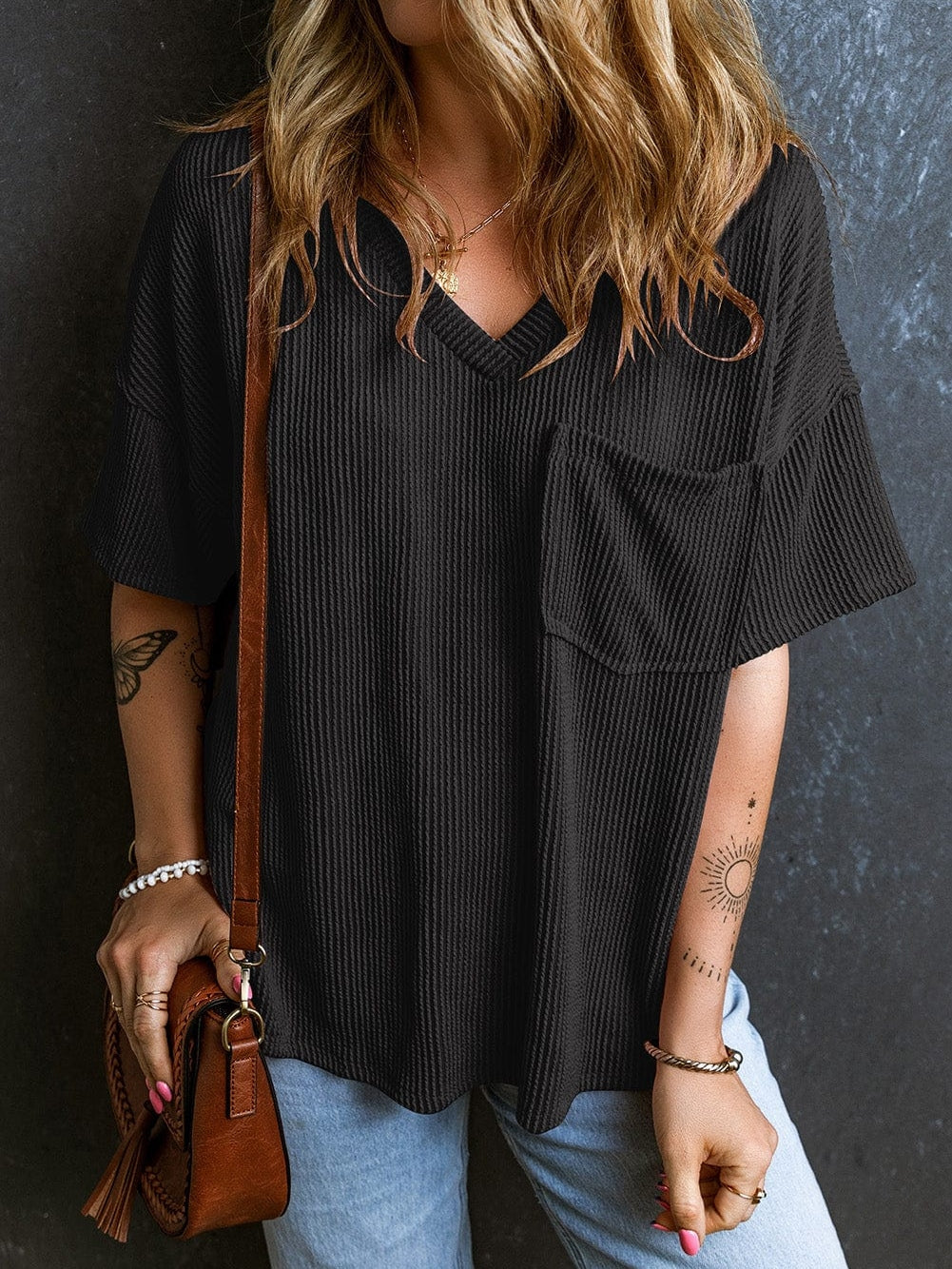 Corded Black V Neck Loose T-shirt with Chest Pocket