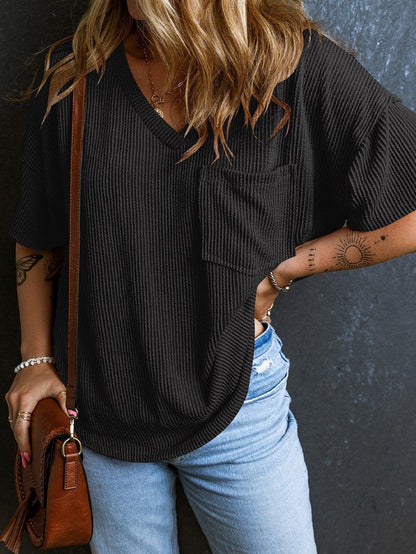 Corded Black V Neck Loose T-shirt with Chest Pocket