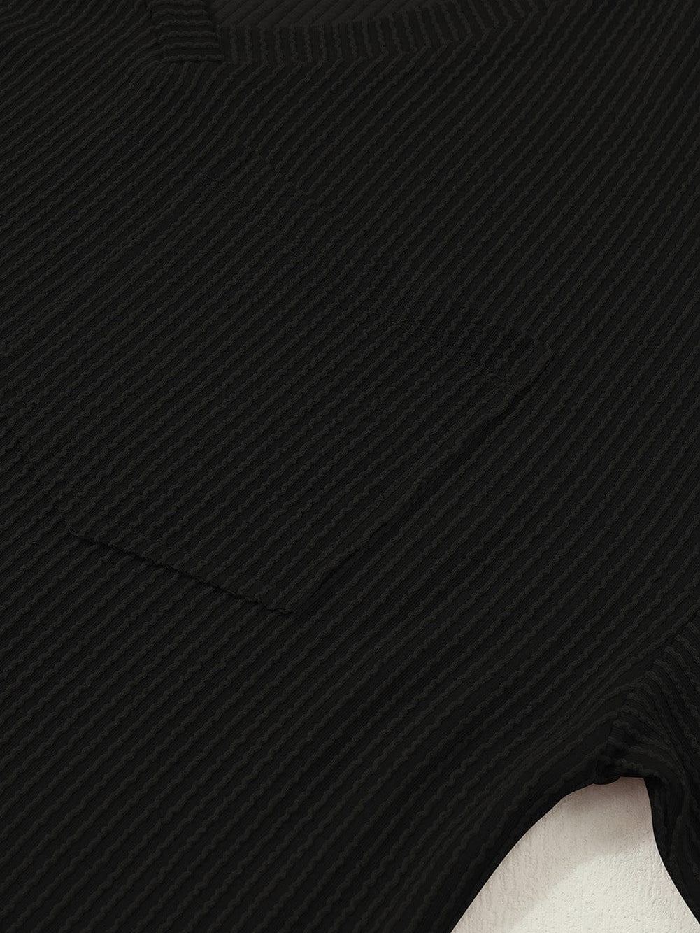 Corded Black V Neck Loose T-shirt with Chest Pocket