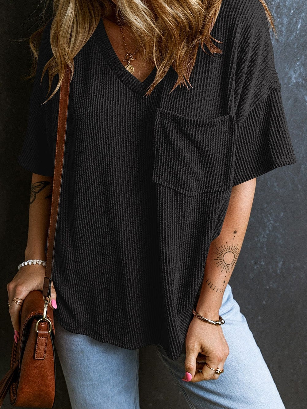 Corded Black V Neck Loose T-shirt with Chest Pocket