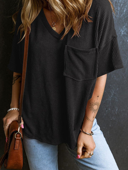 Corded Black V Neck Loose T-shirt with Chest Pocket