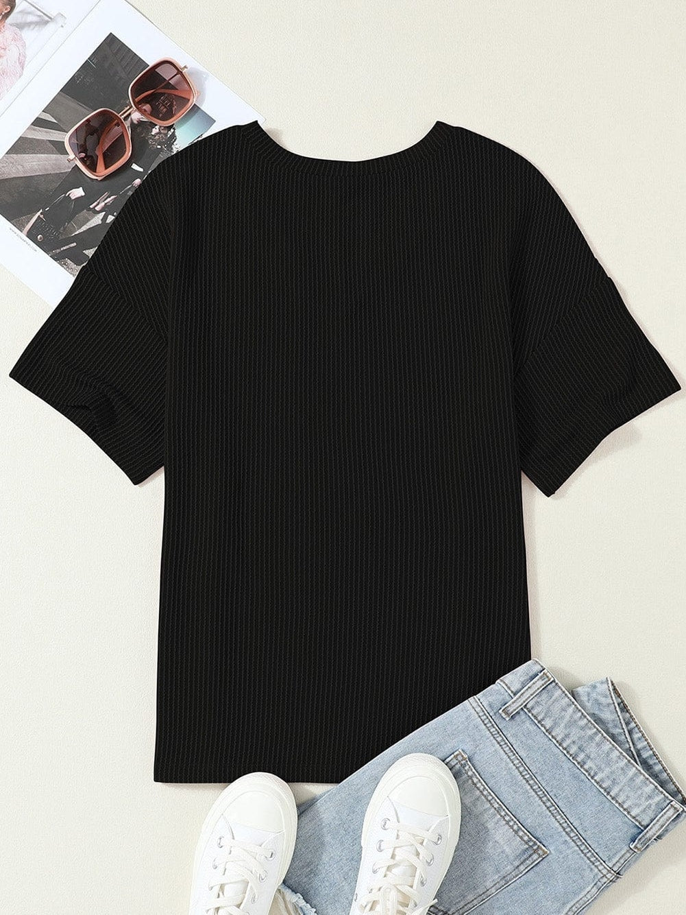 Corded Black V Neck Loose T-shirt with Chest Pocket