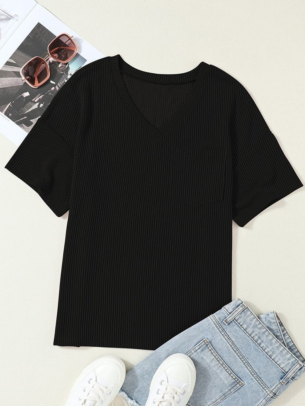 Corded Black V Neck Loose T-shirt with Chest Pocket