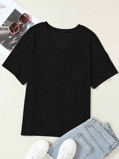 Corded Black V Neck Loose T-shirt with Chest Pocket