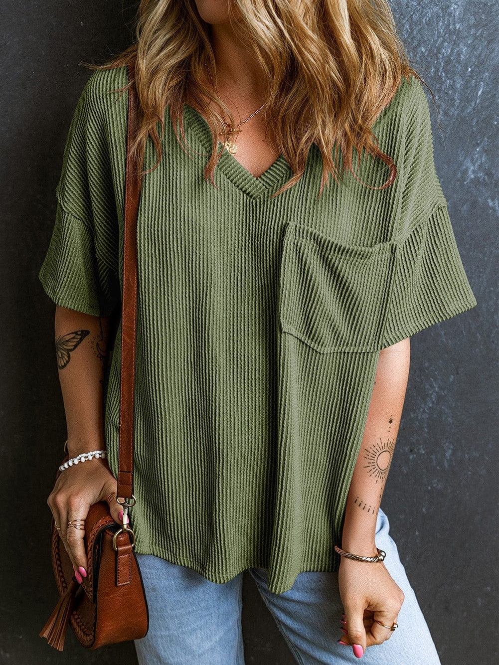 Corded Jungle Green V Neck Ribbed Pocket T-shirt