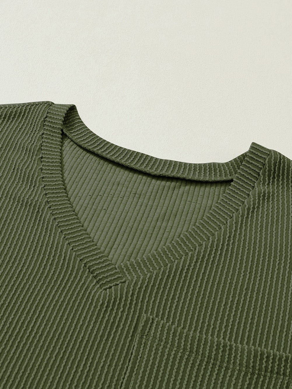 Corded Jungle Green V Neck Ribbed Pocket T-shirt
