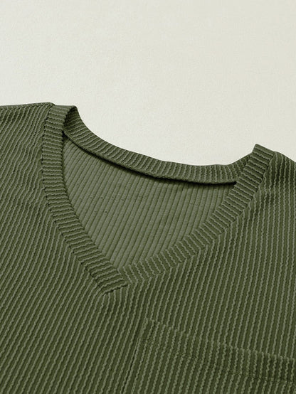Corded Jungle Green V Neck Ribbed Pocket T-shirt