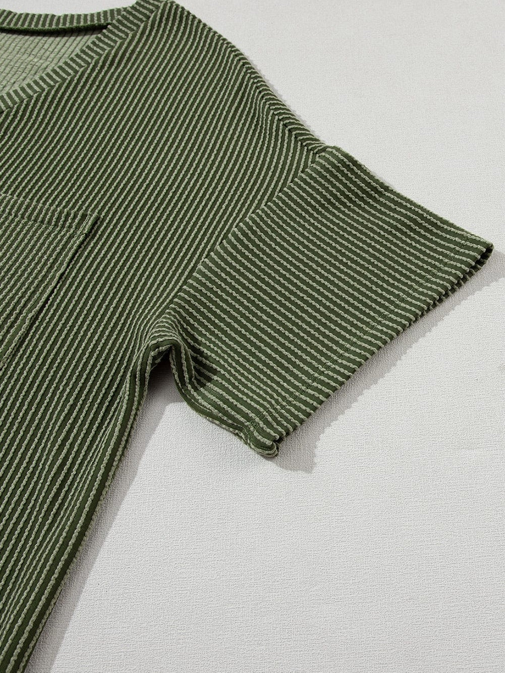 Corded Jungle Green V Neck Ribbed Pocket T-shirt