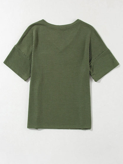 Corded Jungle Green V Neck Ribbed Pocket T-shirt