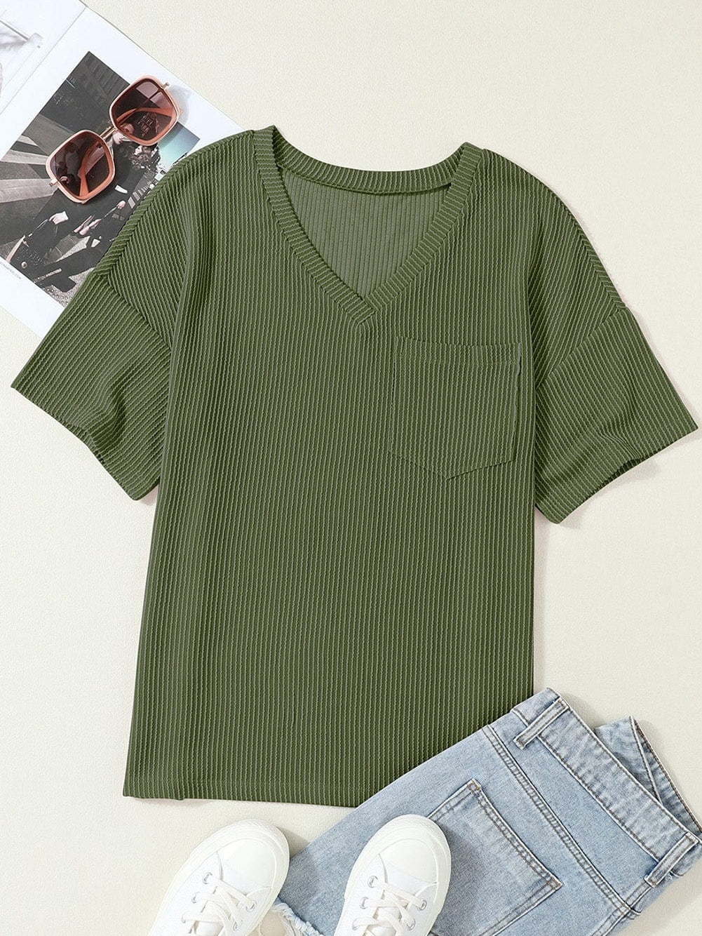Corded Jungle Green V Neck Ribbed Pocket T-shirt