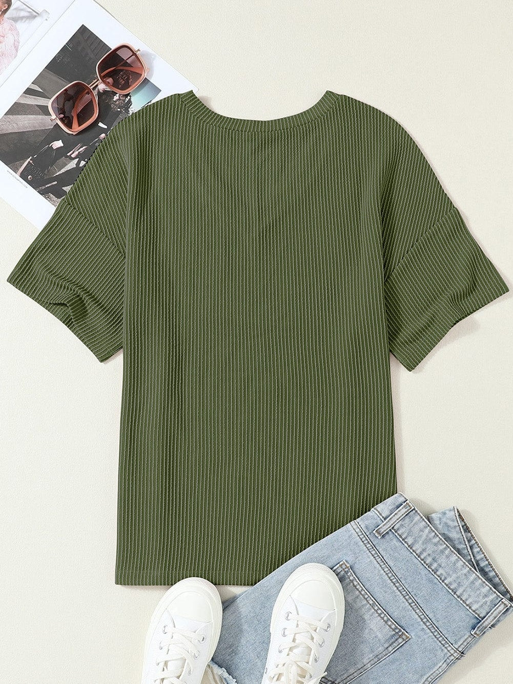 Corded Jungle Green V Neck Ribbed Pocket T-shirt
