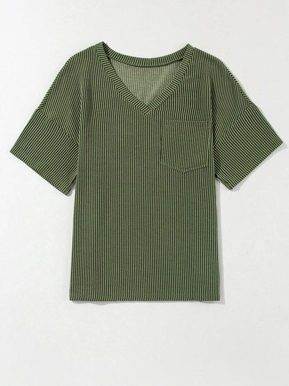 Corded Jungle Green V Neck Ribbed Pocket T-shirt