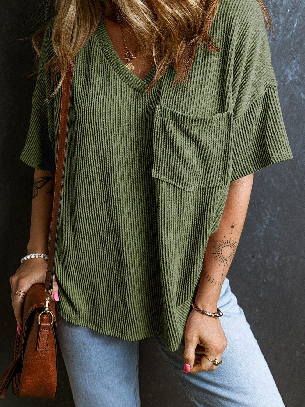 Corded Jungle Green V Neck Ribbed Pocket T-shirt