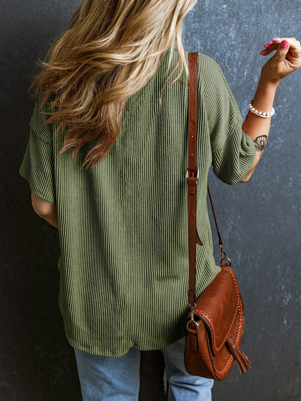 Corded Jungle Green V Neck Ribbed Pocket T-shirt