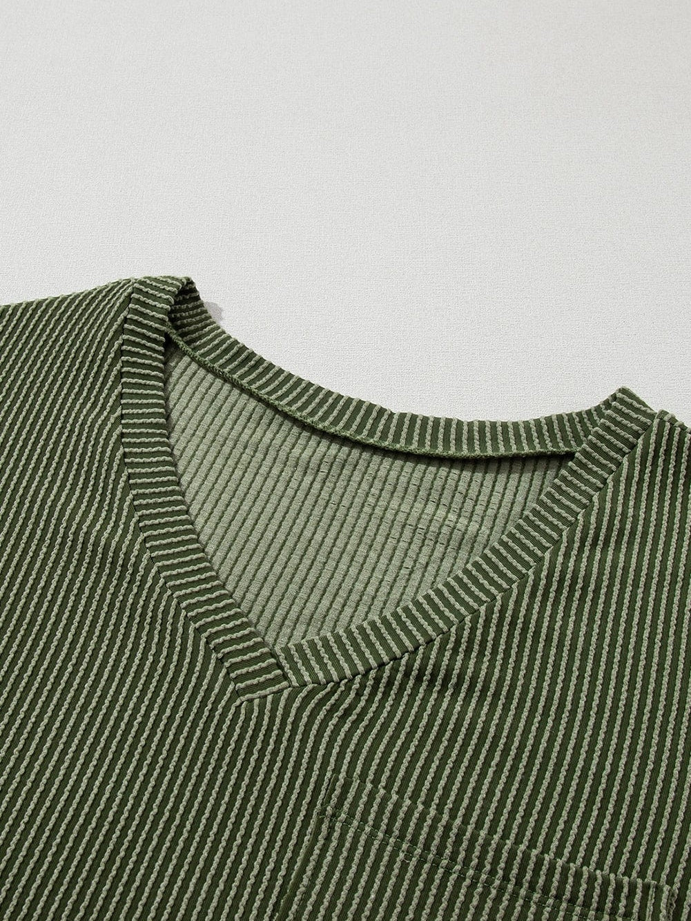 Corded Jungle Green V Neck Ribbed Pocket T-shirt