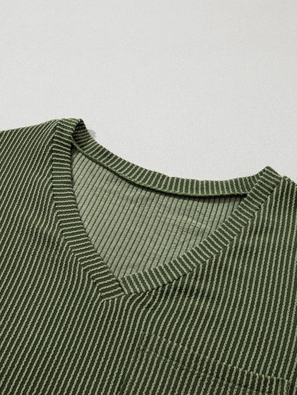 Corded Jungle Green V Neck Ribbed Pocket T-shirt