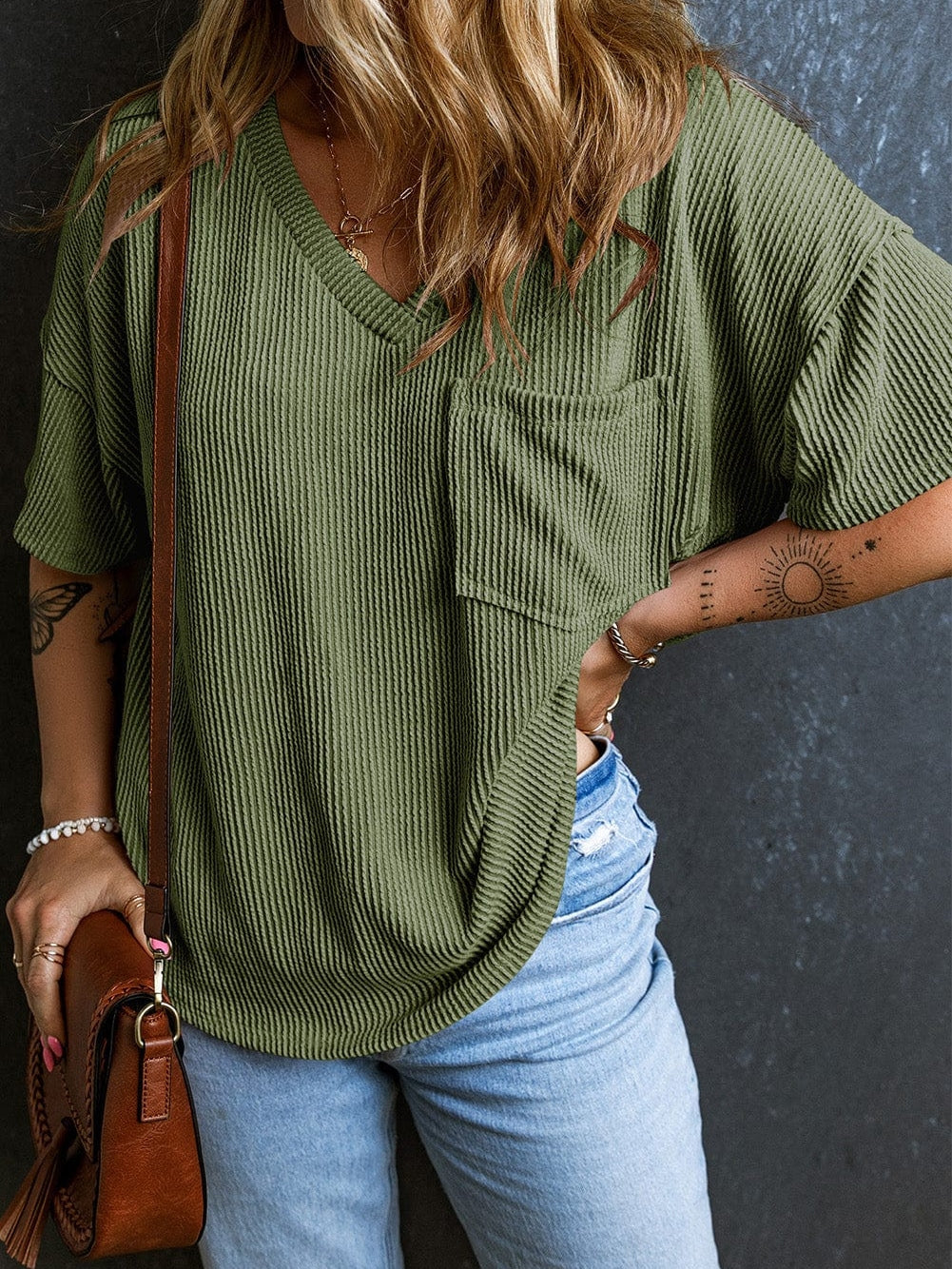 Corded Jungle Green V Neck Ribbed Pocket T-shirt