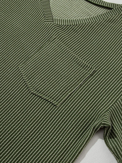 Corded Jungle Green V Neck Ribbed Pocket T-shirt