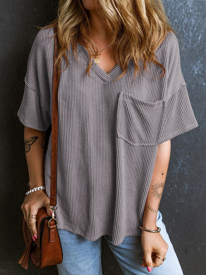 Corded Light Grey V Neck Pocket Tee with Casual Style