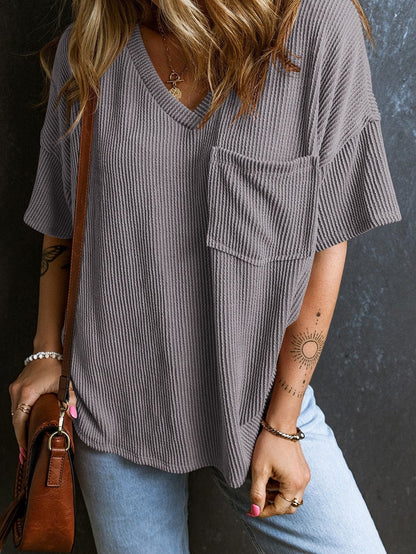 Corded Light Grey V Neck Pocket Tee with Casual Style