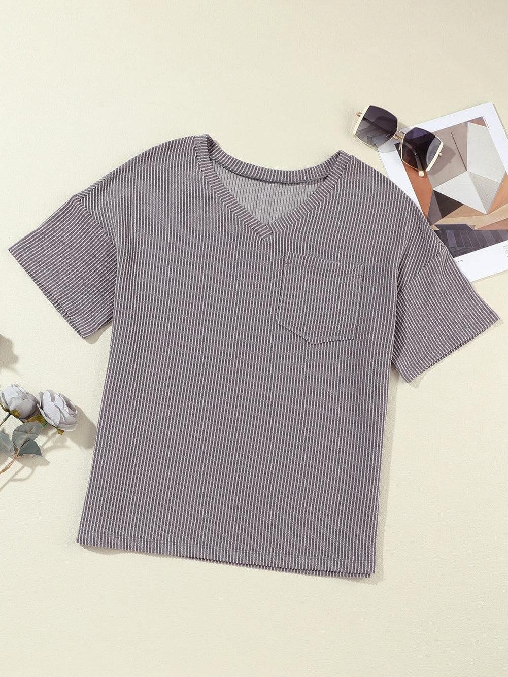 Corded Light Grey V Neck Pocket Tee with Casual Style