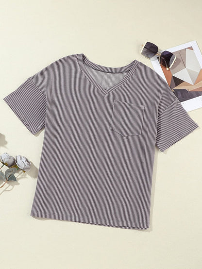 Corded Light Grey V Neck Pocket Tee with Casual Style