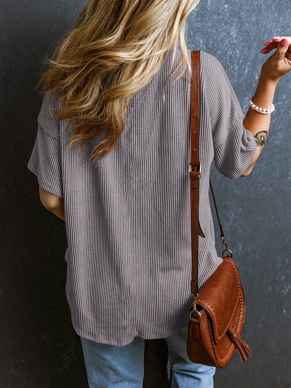 Corded Light Grey V Neck Pocket Tee with Casual Style