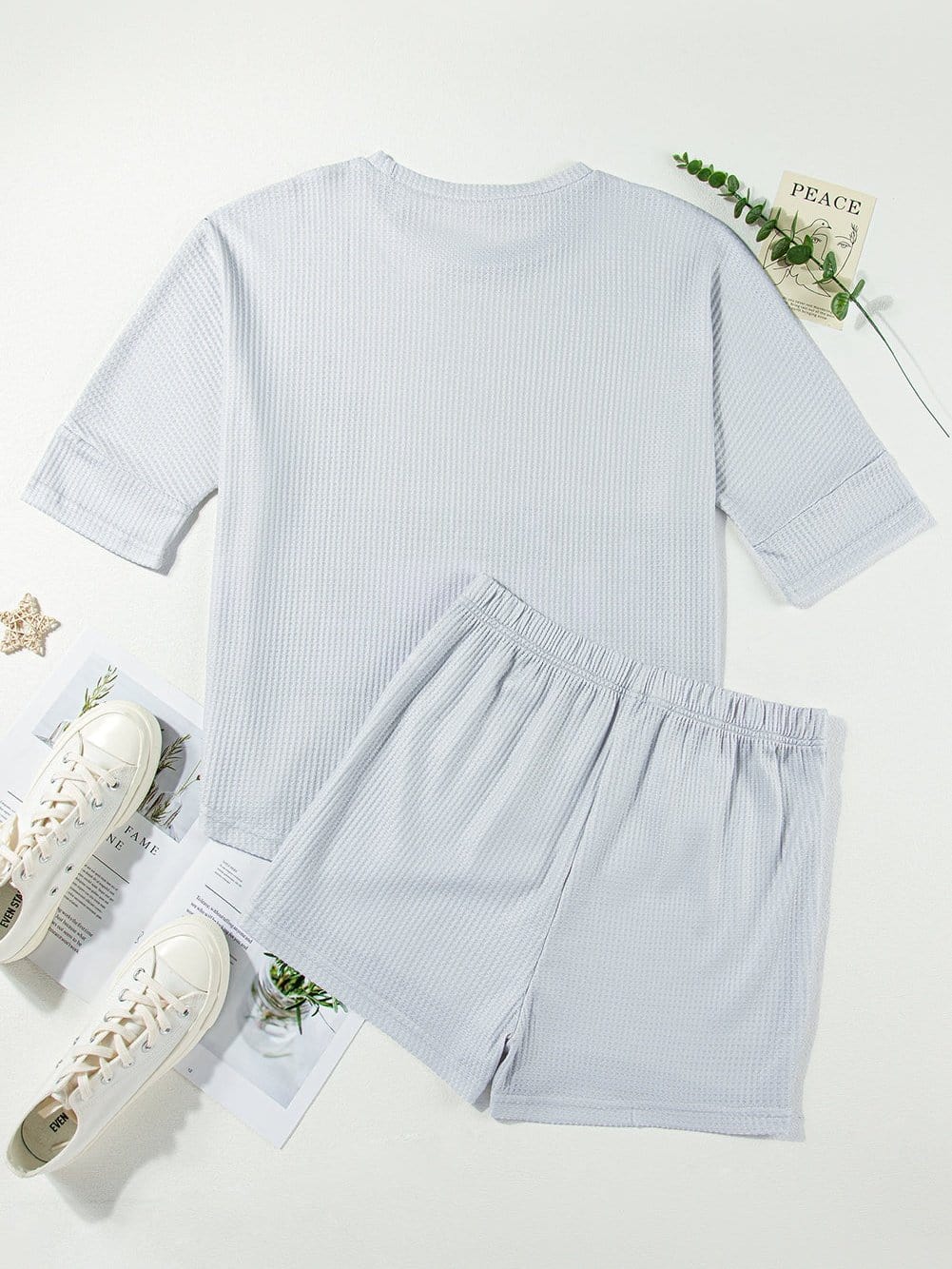 Country Charm Gray Western Print Waffle Knit Two Piece Shorts Set