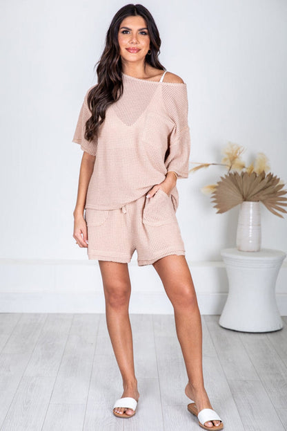 Cozy Apricot Pink Waffle Knit Lounge Set with Shorts