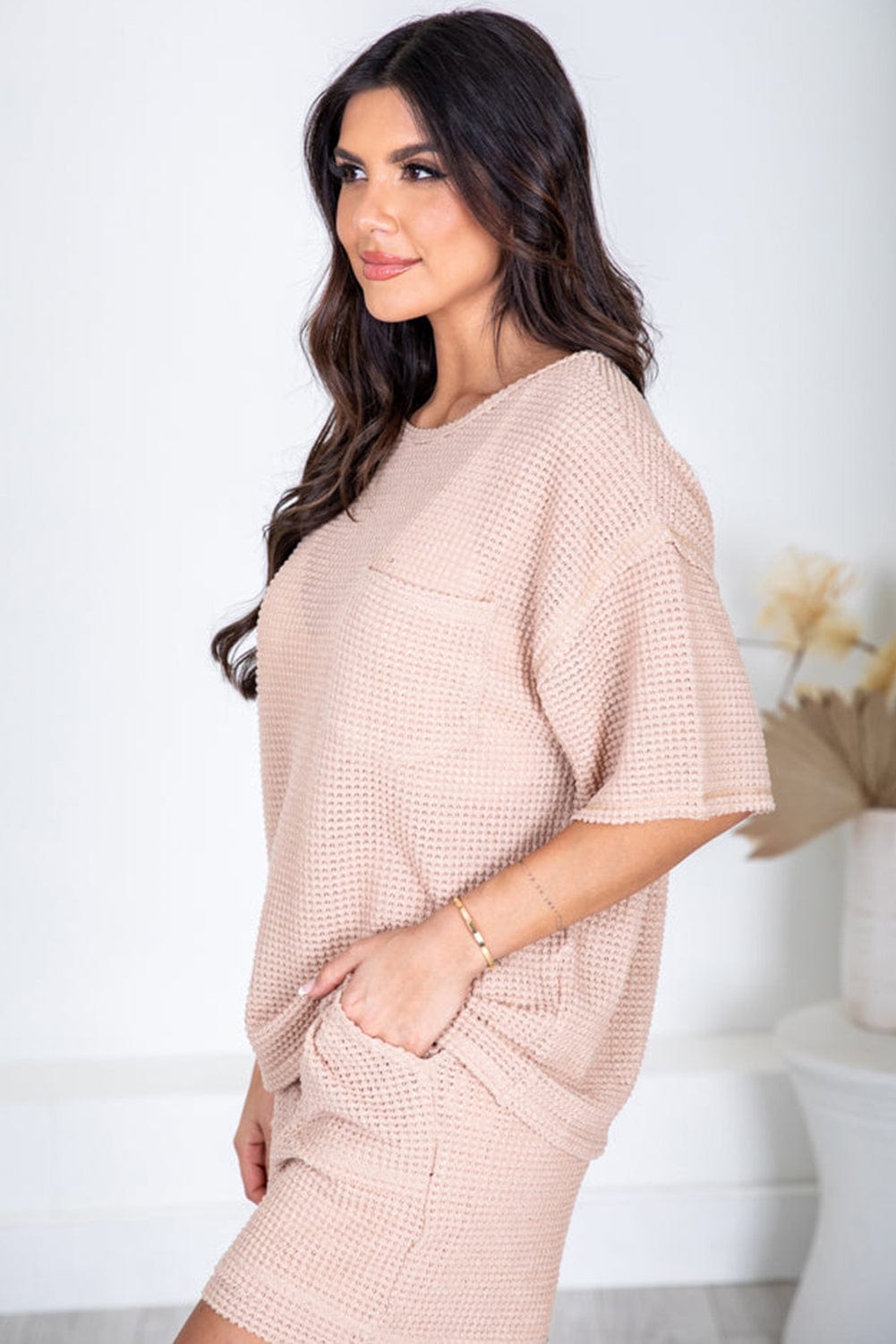 Cozy Apricot Pink Waffle Knit Lounge Set with Shorts