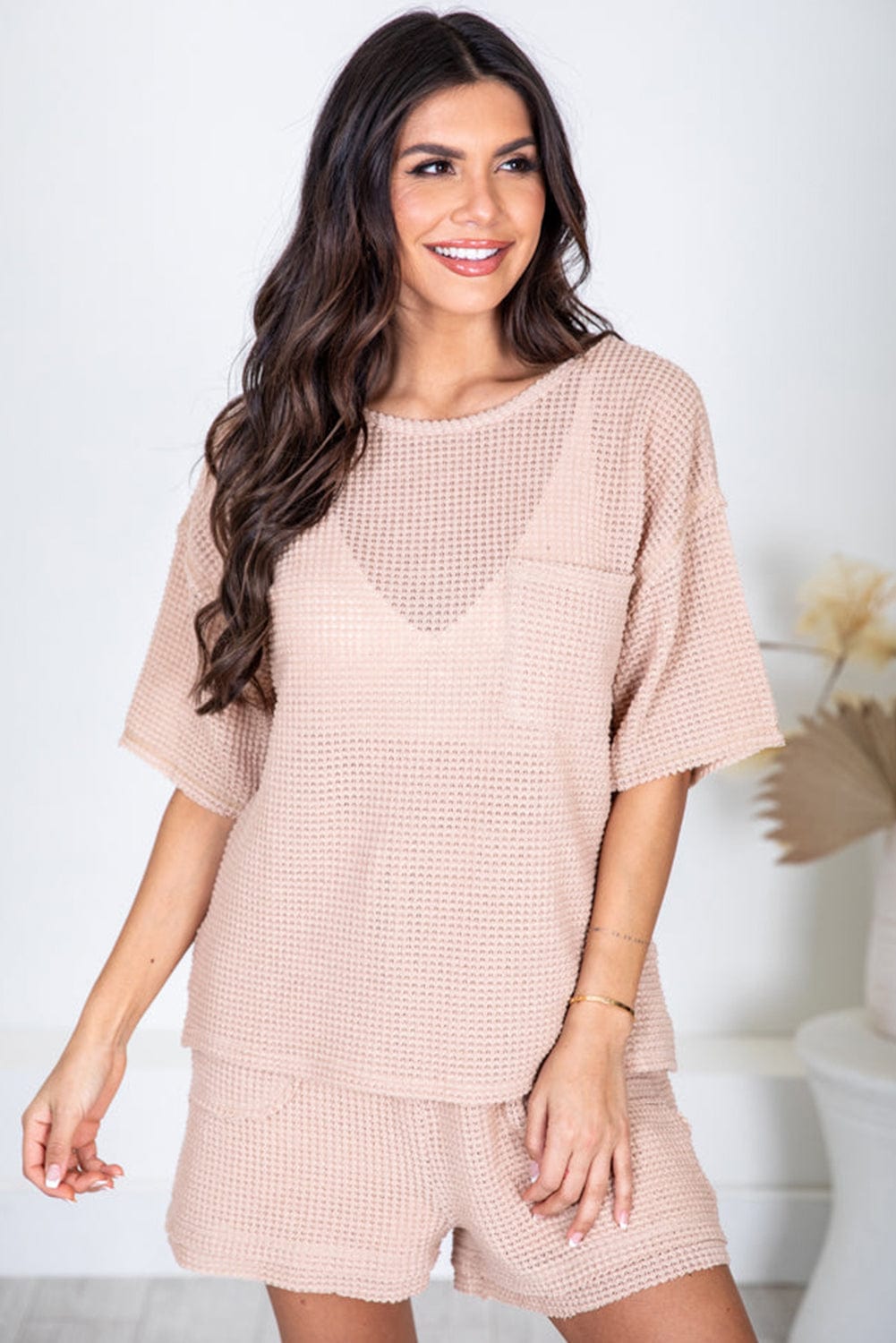 Cozy Apricot Pink Waffle Knit Lounge Set with Shorts
