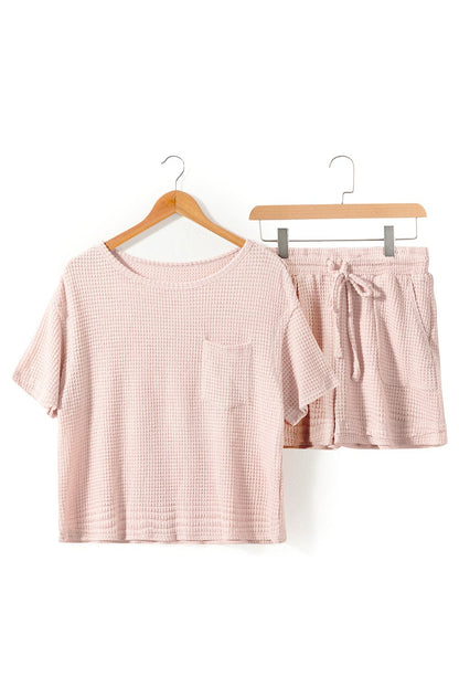 Cozy Apricot Pink Waffle Knit Lounge Set with Shorts