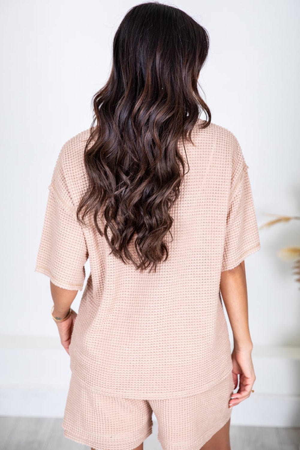 Cozy Apricot Pink Waffle Knit Lounge Set with Shorts