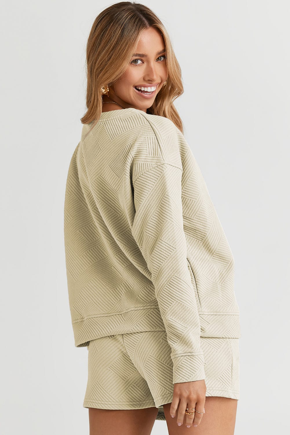 Cozy Apricot Ribbed Lounge Set with Long Sleeves and Drawstring Shorts