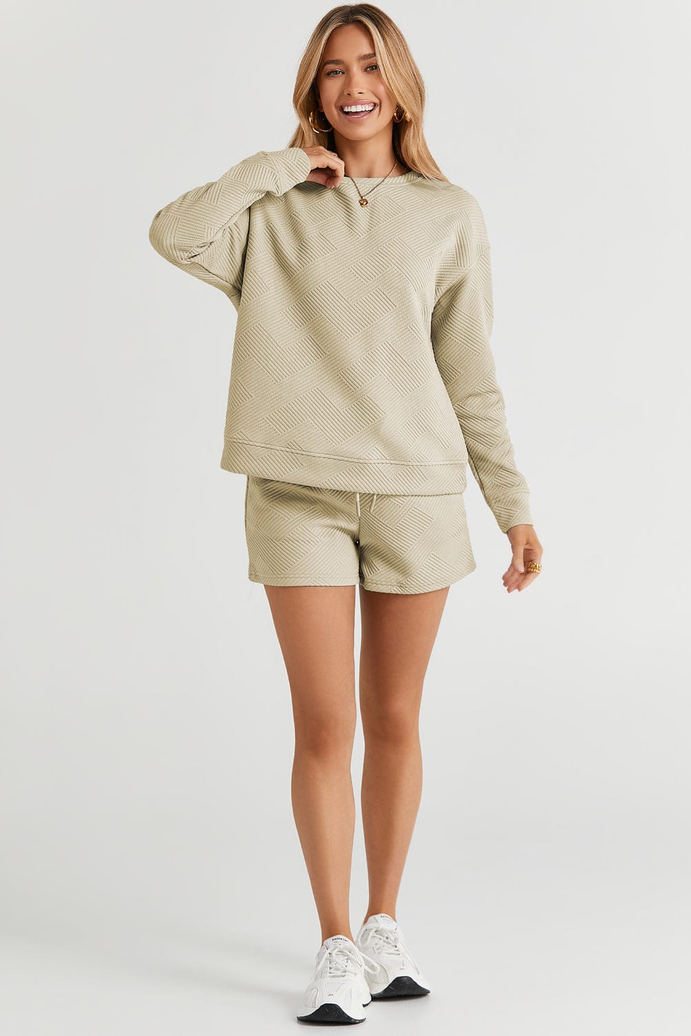 Cozy Apricot Ribbed Lounge Set with Long Sleeves and Drawstring Shorts