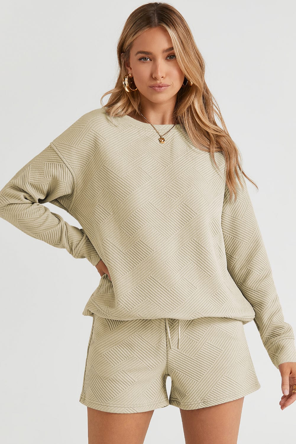 Cozy Apricot Ribbed Lounge Set with Long Sleeves and Drawstring Shorts
